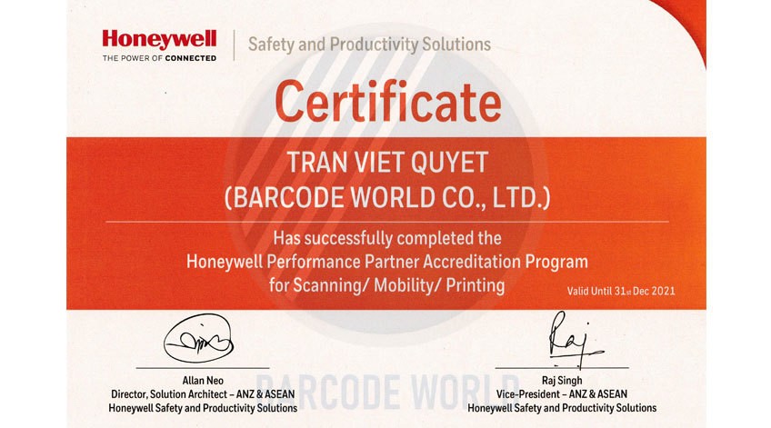 Giấy chứng nhận hoàn thành chương trình Đối tác chất lượng của Honeywell