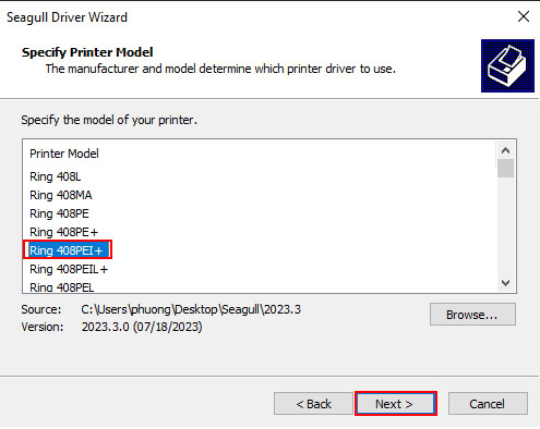 Chọn model máy in tương ứng rồi bấm "Next"