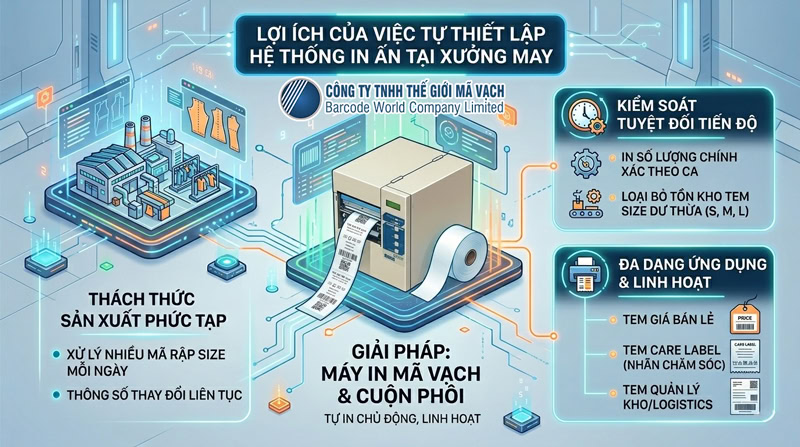 Máy in và cuộn phôi cho xưởng may tự in tem size chủ động Máy in và cuộn phôi cho xưởng may tự in tem size chủ động
