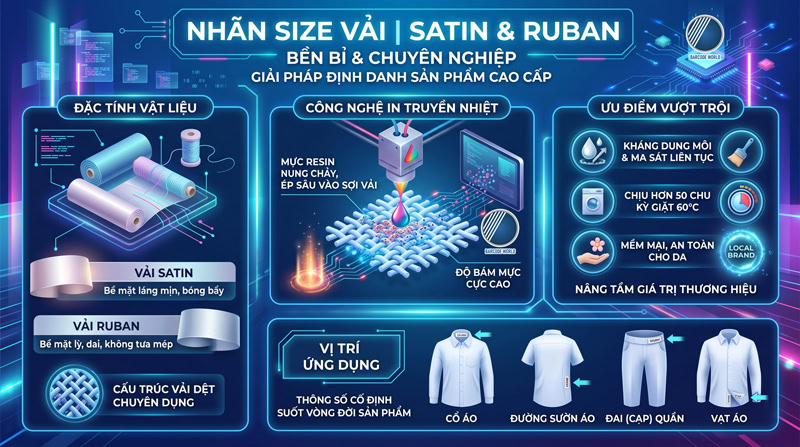 Tem size vải / Nhãn size quần áo Satin, Ruban Tem size vải / Nhãn size quần áo Satin, Ruban