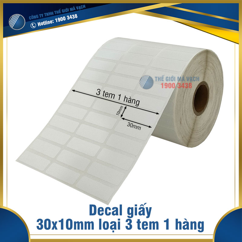 Decal giấy in mã vạch 30x10mm loại 3 tem 1 hàng