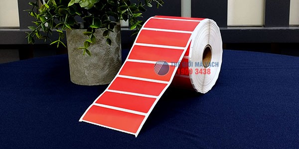 Decal giấy in mã vạch 75x22mm màu đỏ bế theo quy cách 1 tem 1 hàng