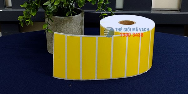 Decal giấy in mã vạch 75x22mm màu vàng bế theo quy cách 1 tem 1 hàng
