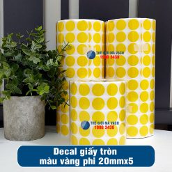 Decal giấy tem tròn phi 20mm màu vàng loại 5 tem 1 hàng giá tốt