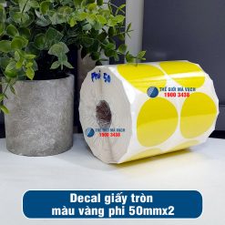 Decal giấy tem tròn phi 50mm màu vàng loại 2 tem 1 hàng giá tốt