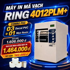 Máy in mã vạch RING 4012PLM+ kèm combo 3 decal PVC và 1 mực Resin