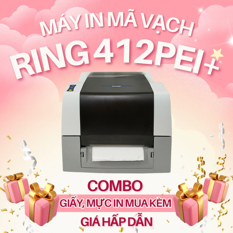 Máy máy in mã vạch RING 412PEI+ kèm Combo giấy, mực giá tốt