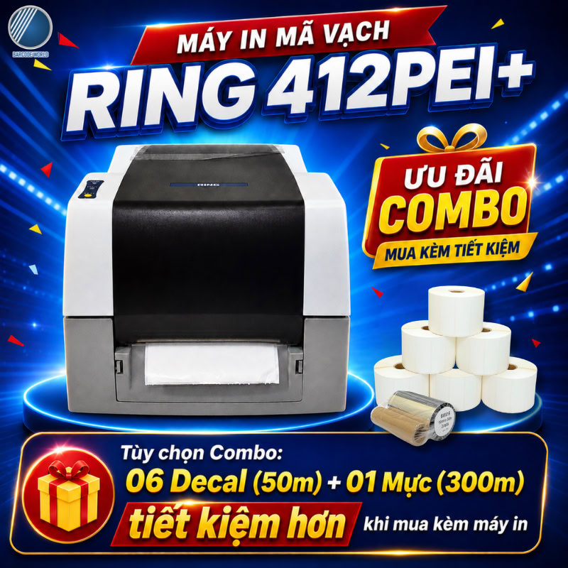 Máy in mã vạch RING 412PEI+ kèm tùy chọn combo 6 decal và 1 mực