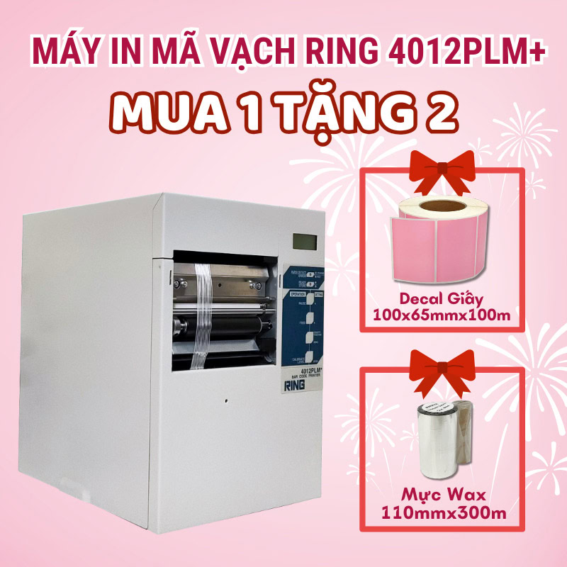 Mua 1 tặng 2 khi mua máy in mã vạch RING 4012PLM+ tặng decal giấy hồng và mực in wax