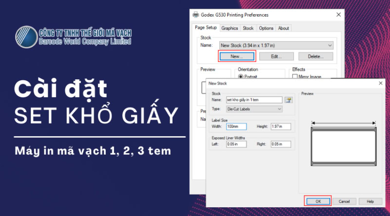 Cách cài đặt set khổ giấy máy in mã vạch 1, 2, 3 tem