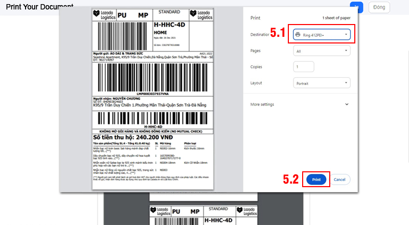 Hướng dẫn in tem vận chuyển Lazada (Bước 5)