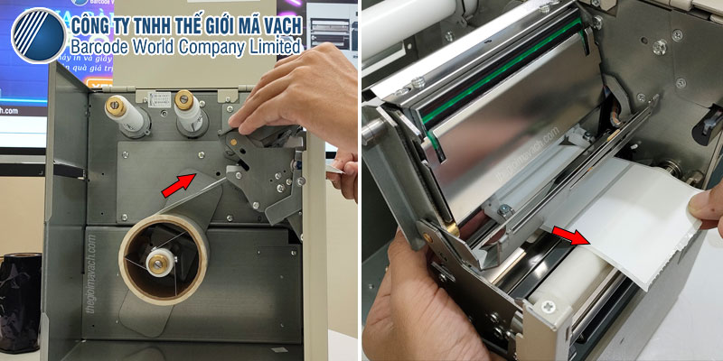 Luồn giấy in ra phía trước đầu in của máy in tem công nghiệp