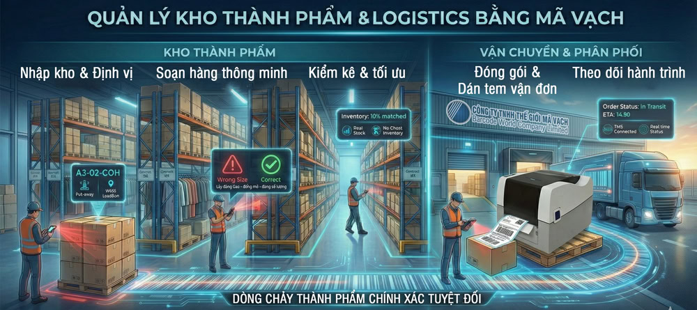 Dùng mã vạch quản lý kho thành phẩm, vận chuyển trong ngành may mặc Dùng mã vạch quản lý kho thành phẩm, vận chuyển trong ngành may mặc