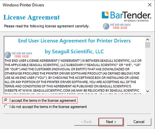 Chọn “I accept the terms in the license agreement”