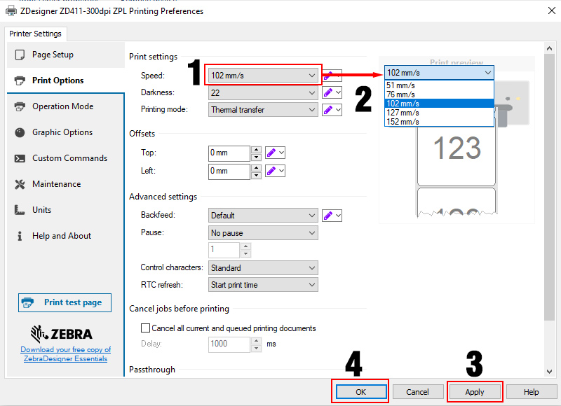 Bước 2: Điều chỉnh tốc độ máy in mã vạch trên Driver Zebra