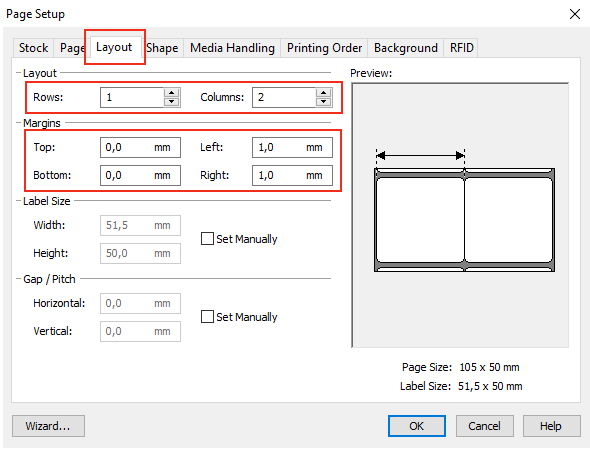 Cài đặt kích thước khổ tem trong BarTender tại tab Layout