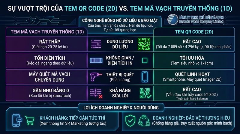 Tem QR code (2D) vượt trội so với tem mã vạch truyền thống (1D) Tem QR code (2D) vượt trội so với tem mã vạch truyền thống (1D)