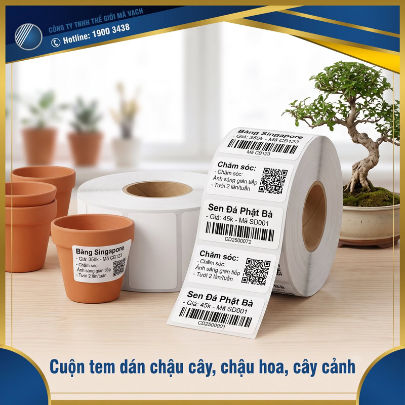 Cuộn tem dán chậu cây, chậu hoa, tem cây cảnh