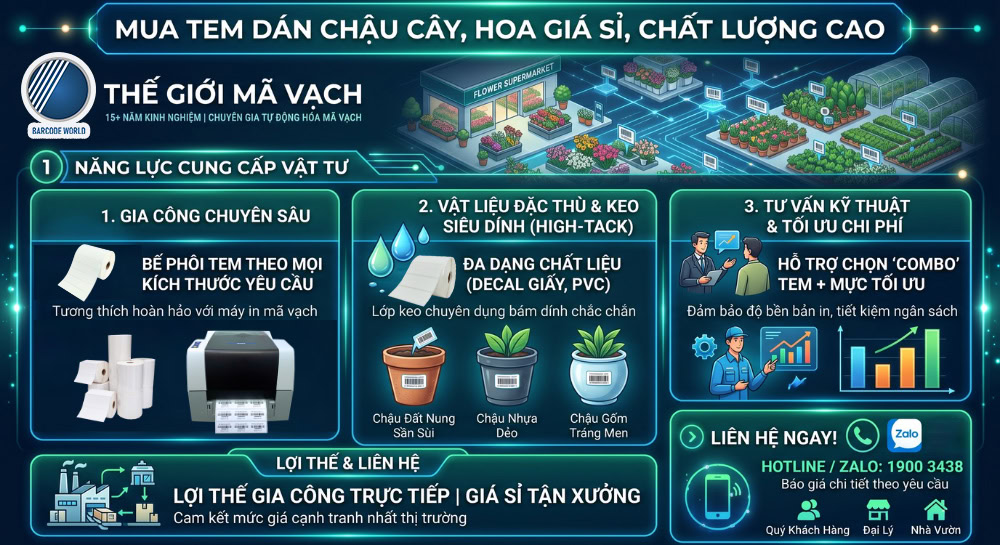 Xưởng sản xuất phân phối tem dán chậu cây giá sỉ Thế Giới Mã Vạch Xưởng sản xuất phân phối tem dán chậu cây giá sỉ Thế Giới Mã Vạch