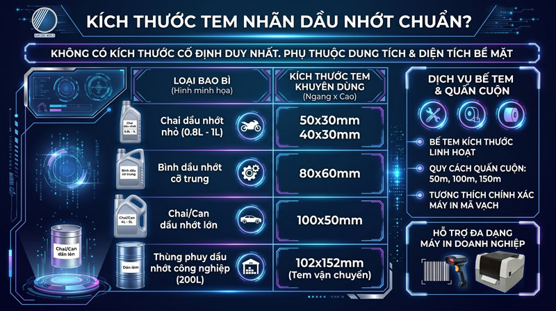 Các kích thước tem nhãn dán dầu nhớt thông dụng Các kích thước tem nhãn dán dầu nhớt thông dụng