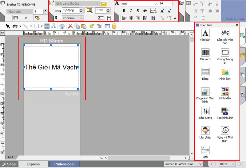Giao diện thiết kế nhãn in Brother trên phần mềm P-touch Editor