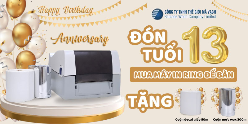 Mua máy in mã vạch để bàn RING tặng ngay 01 cuộn decal giấy 50m và 01 cuộn mực in wax 300m