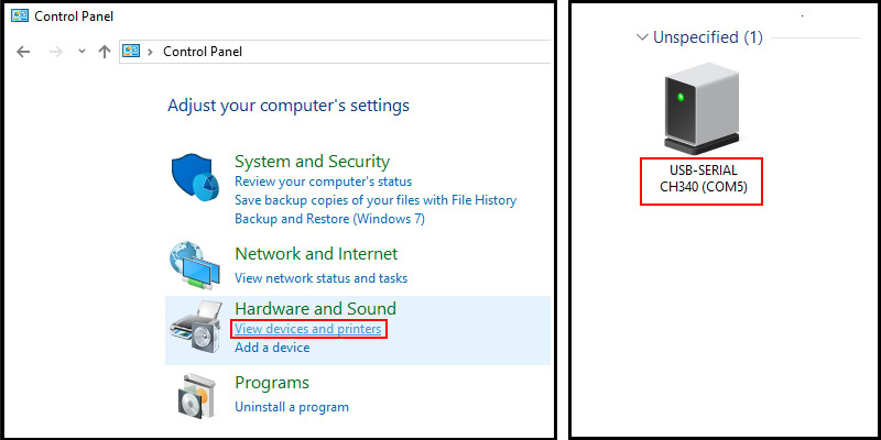 Vào "Control Panel" để kiểm tra cổng COM đang nhận