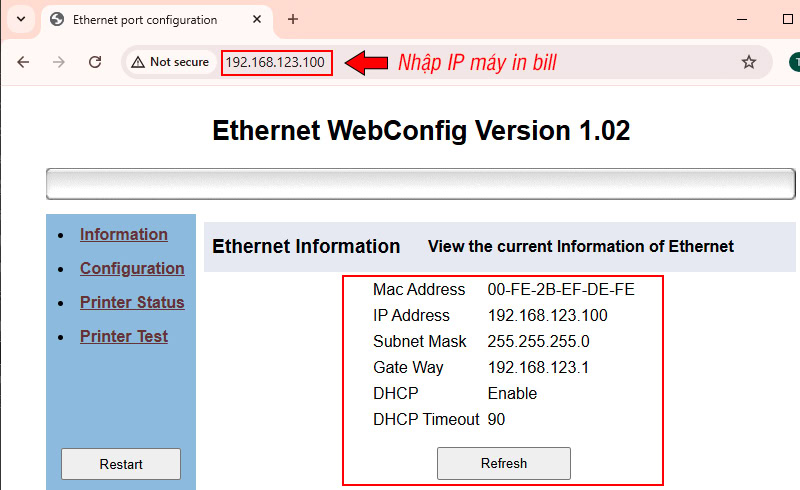 Mở trình duyệt và nhập IP của máy in bill 