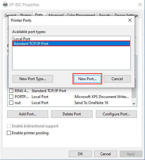 Chọn “Standard TCP/IP Port” và chọn “New Port”