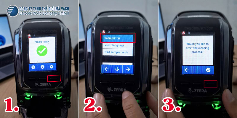 Hướng dẫn mở trình vệ sinh cho Zebra ZC300 qua màn hình LCD của máy in thẻ