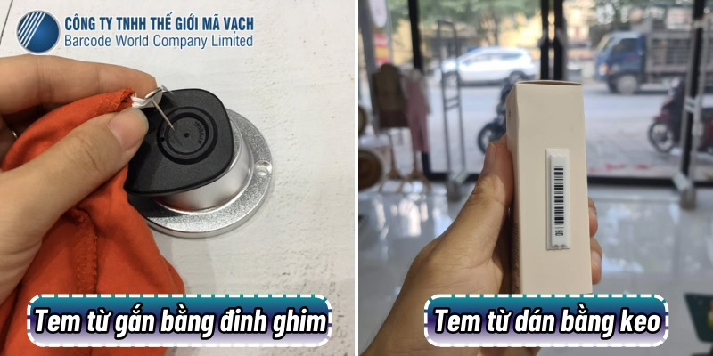 Tem từ gắn bằng đinh ghim và tem từ dán bằng keo