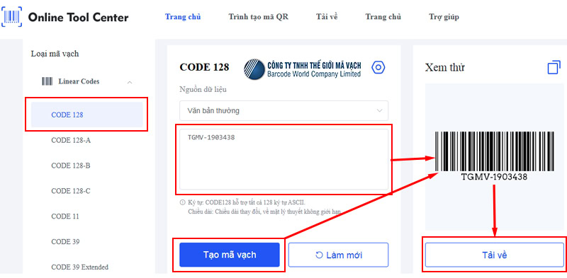 Tạo mã vạch Online bằng Online Tools Center