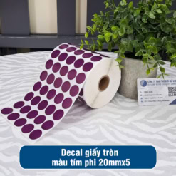 Decal giấy tem tròn phi 20mm màu tím loại 5 tem 1 hàng