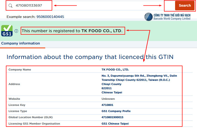Kiểm tra trực tuyến mã vạch Đài Loan qua Website GS1
