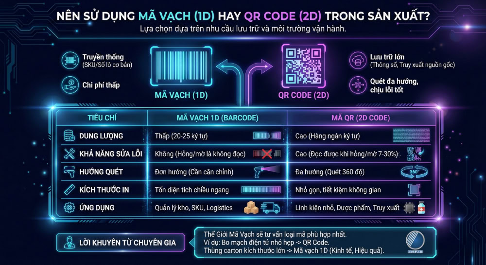 Sự khác nhau mã vạch (1D) hay QR Code (2D) trong sản xuất Sự khác nhau mã vạch (1D) hay QR Code (2D) trong sản xuất