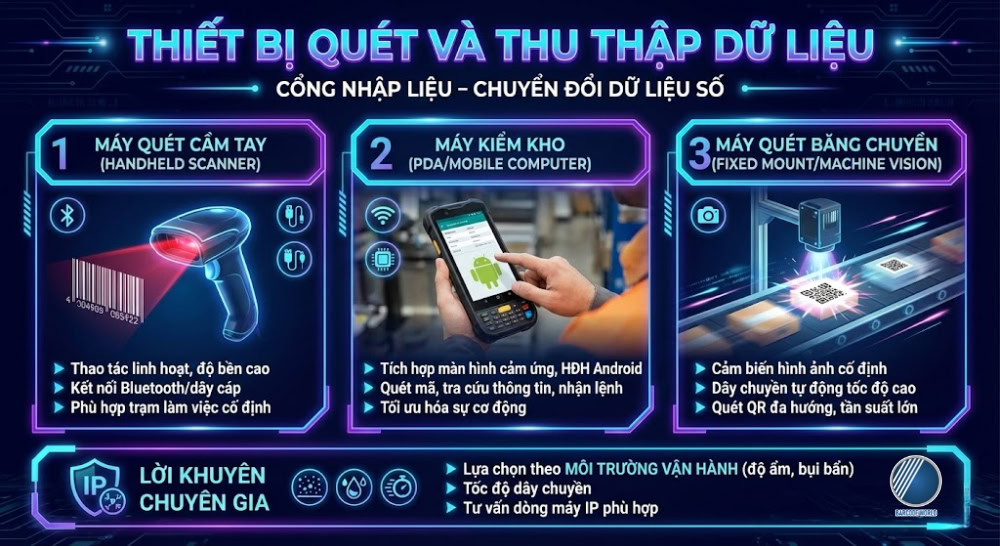 Thiết bị quét và thu thập dữ liệu (Máy quét cầm tay, PDA, máy quét băng chuyền) Thiết bị quét và thu thập dữ liệu (Máy quét cầm tay, PDA, máy quét băng chuyền)