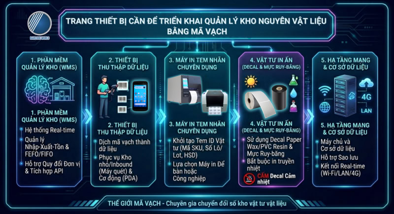 Trang thiết bị cần để triển khai quản lý kho nguyên vật liệu bằng mã vạch Trang thiết bị cần để triển khai quản lý kho nguyên vật liệu bằng mã vạch