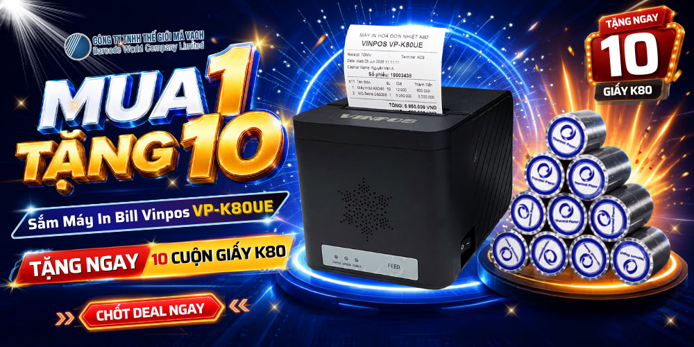 Mua 1 Vinpos VP-K880UE tặng 10 cuộn giấy in bill K80 Mua 1 Vinpos VP-K880UE tặng 10 cuộn giấy in bill K80