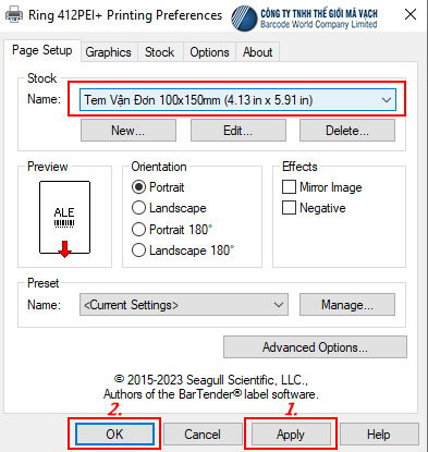 Áp dụng khổ giấy vừa cài đặt trên Driver