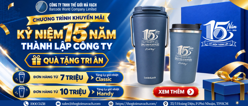 Banner kỷ niệm 15 năm Thế Giới Mã Vạch tặng ly giữ nhiệt cao cấp