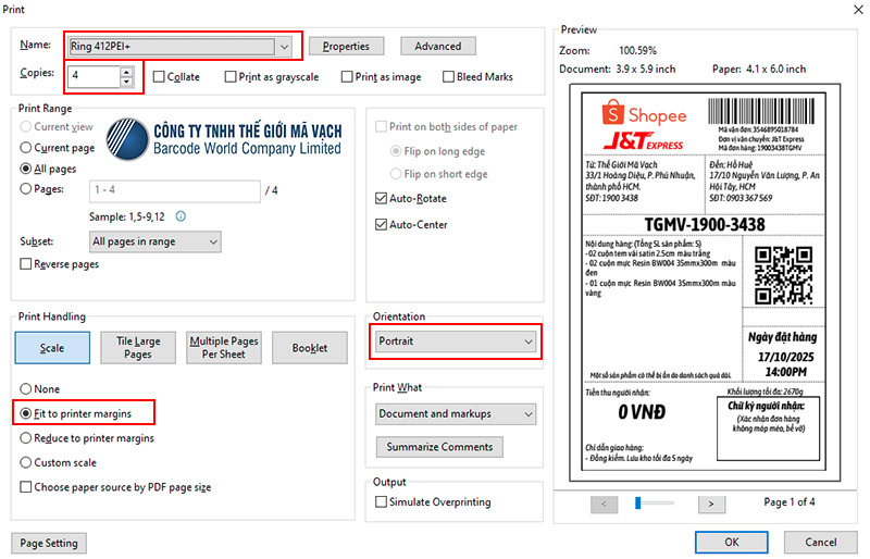 Cài đặt trong hộp thoại Print của Foxit reader