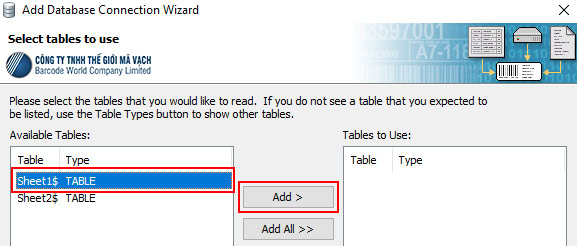 Chọn đúng Sheet dữ liệu cần kết nối và add vào phần mềm