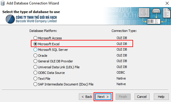 Chọn loại cơ sở dữ liệu liên kết "Microsoft Excel"