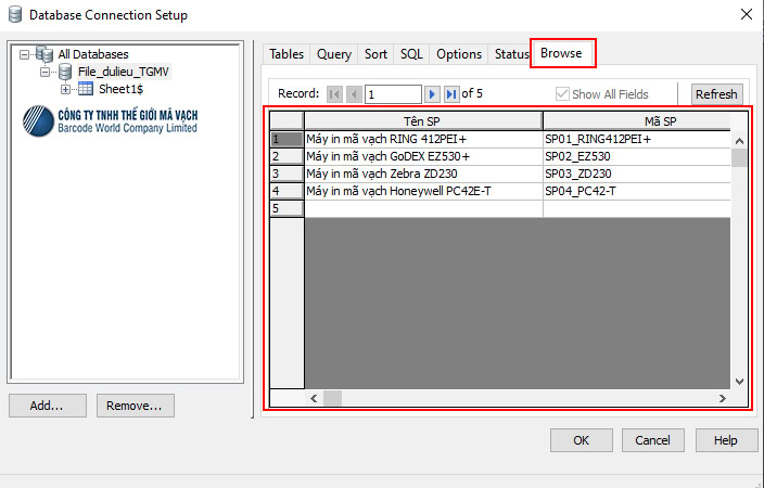 Xem dữ liệu đã kết nối tạo tab Browse
