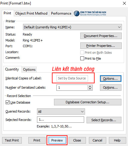 Liên kết số lượng in thành công, chọn in hoặc xem trước
