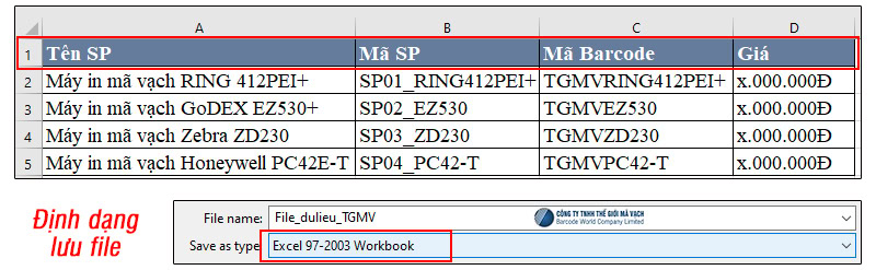 Tạo file Excel nhập dữ liệu cần liên kết với Bartender