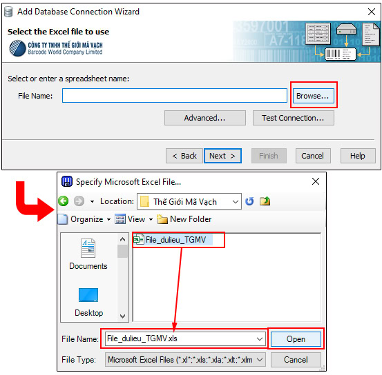 Trỏ đường dẫn đến file Excel chứa dữ liệu cần kết nôi