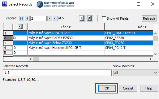 Xác nhận lựa chọn để tắt cửa sổ Select Records