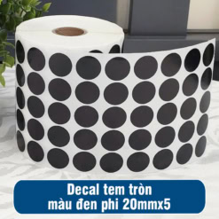 Decal giấy tem tròn phi 20mm màu đen loại 5 tem 1 hàng