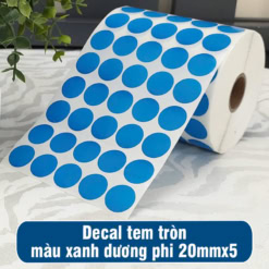 Decal tem tròn phi 20mm màu xanh dương loại 5 tem 1 hàng